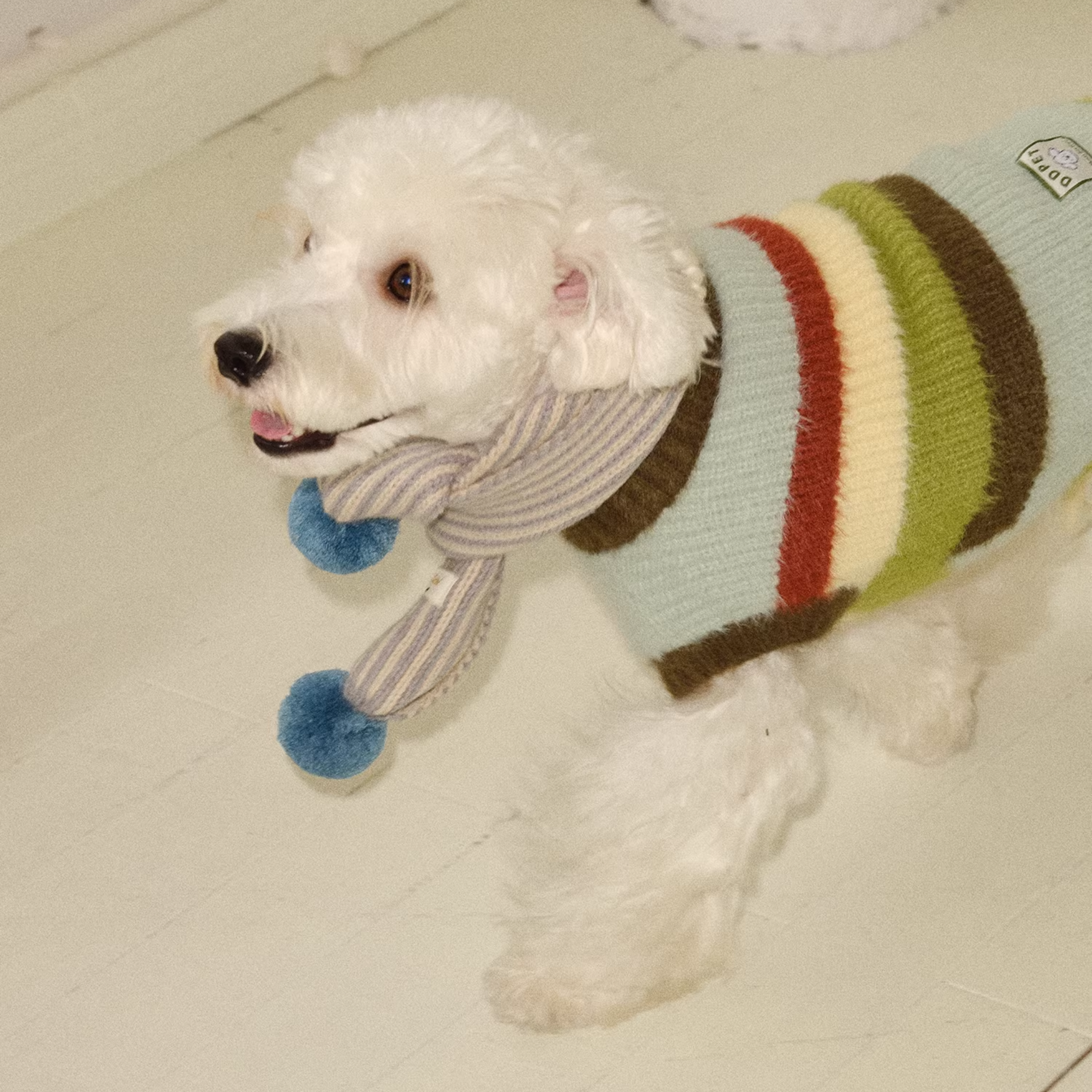 ポンポン付きストライプニットマフラー